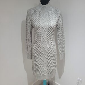 RW&Co Women's Knee Length Long Sleeve Cable Knit Mock Neck Sweater Dress XS Gray